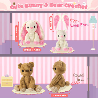 Crochet Kit for Beginners, Bunny and Bear Crochet Kit with Step-by-Step Video Tutorials, Bunny Crocheting Kit for Starter, Beginner Crochet Kit for Adult, Stuffed Animal Knitting Kit for Birthday