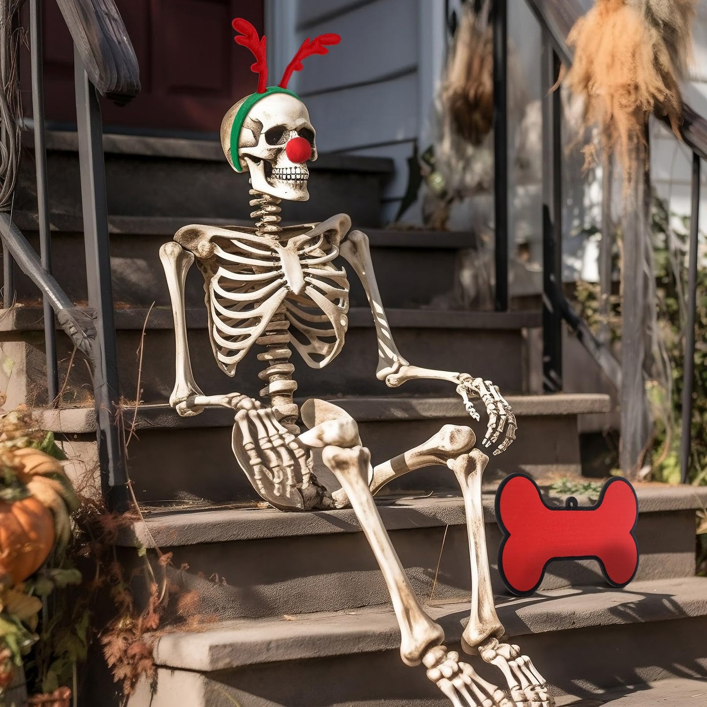 Knitgrip 7 ft Skeleton Dog Accessories Christmas Halloween Skeleton Dog Accessories Set Giant Reindeer Horns Skull Nose Neck Collar Hanging Sign Suitable for Holiday Decoration Outdoor Garden Lawn