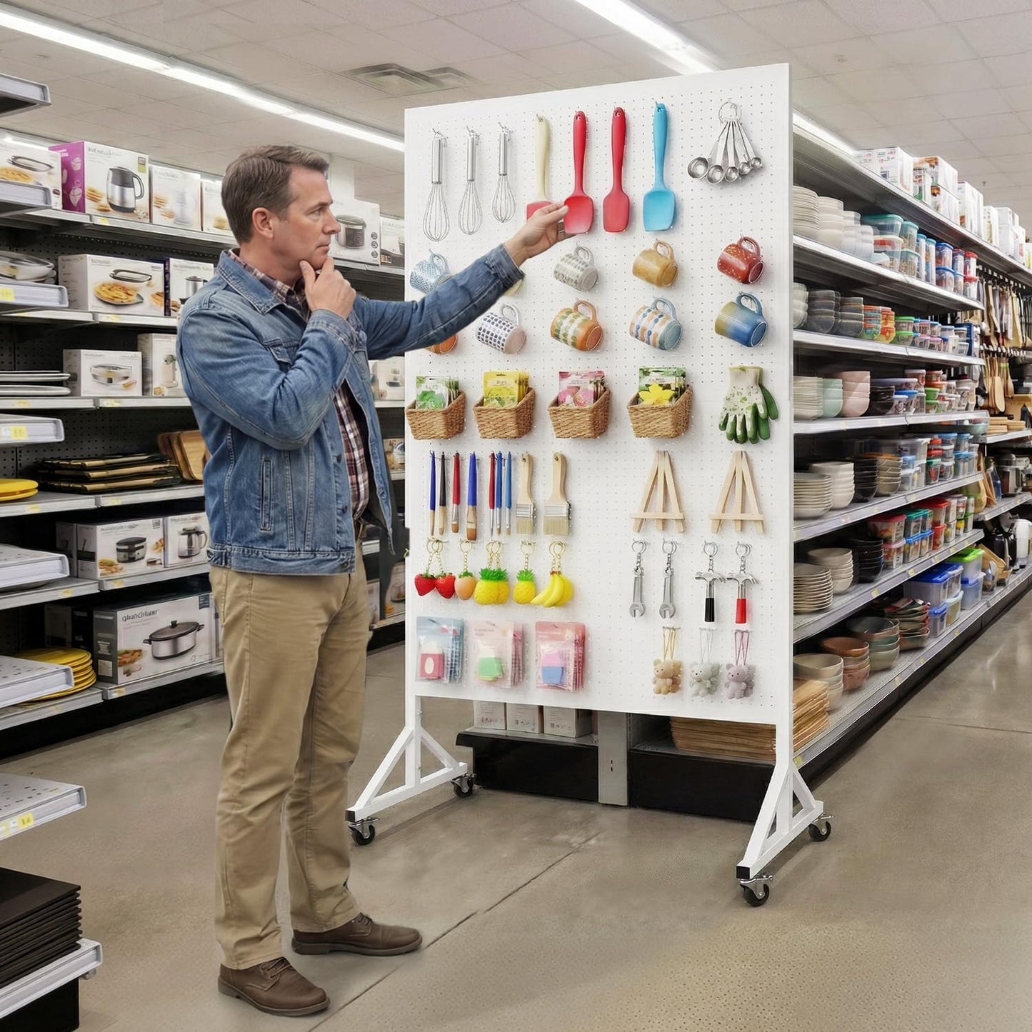 Giklux Metal Pegboard Display Stand 3.5 x 5.5 Feet, Adjustable Height with 40 Peg Board Hooks and Wheels, Pegboard Display Rack, Craft Display Rack, Retail Display Rack, Garage Peg Board