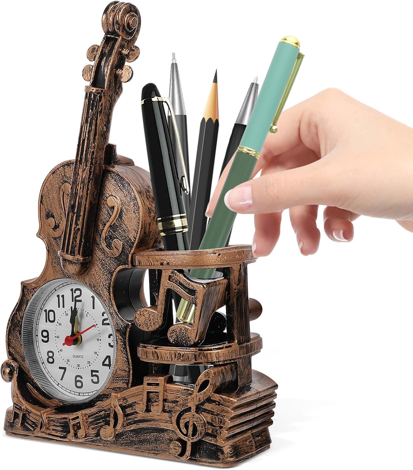 Garneck Violin Pen Pencil Holder, Wooden Stationery Iron Organizer for Desk, Child Plastic Accessories