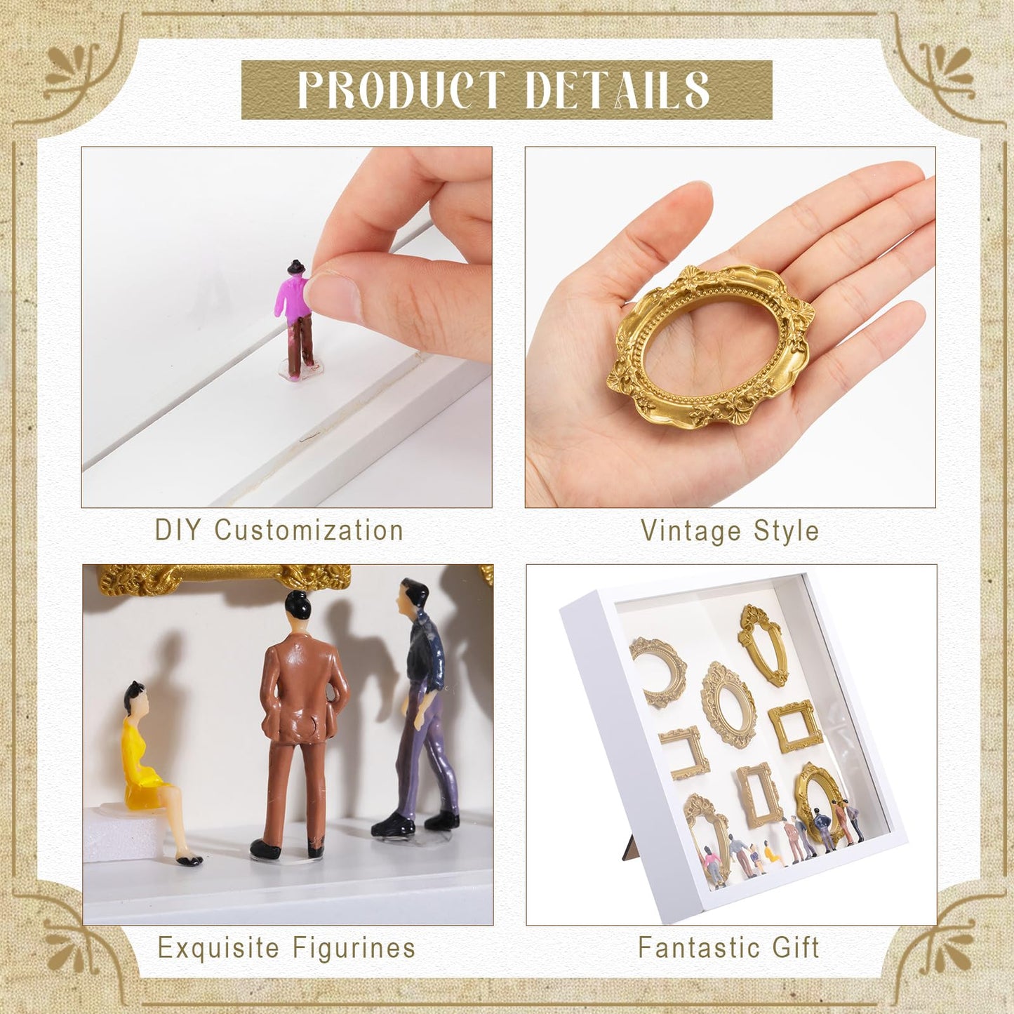 Lineshading DIY Mini Silhouette Shadow Box Museum Frame Kit with 8 Gold Mini Frames and 9 Figurines, Personalized Memory Collage for Anniversary Wedding Birthday Home Decor(White)