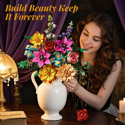 Utbttor Flowers Bouquet Building Set,891PCS Artificial Plant Flower Kit Toy for Kids, Artificial Flowers Botanical Collection for Women Girls, Gifts for Mother's Day, Christmas & Home Decor