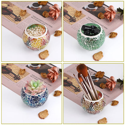 OwnMy 6PCS Mosaic Glass Tealight Holders: Round Votive Candle Holders & Stands for Table Centerpieces, Multicolor Glass Mosaic Tealight Holders, Small Potted Plant Bowl Candle Vases