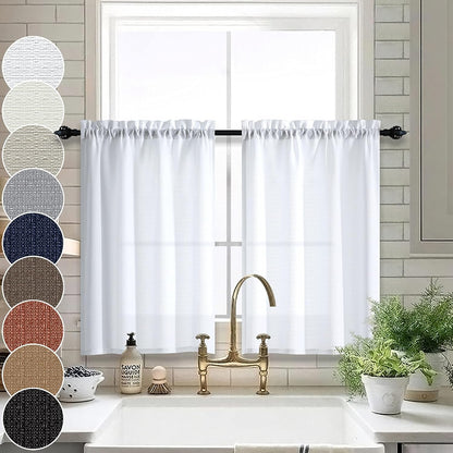 White Kitchen Curtains 36 Inch Length - Sets of 2 Panels Rod Pocket Cafe Curtains for Bathroom, Semi Sheer Short