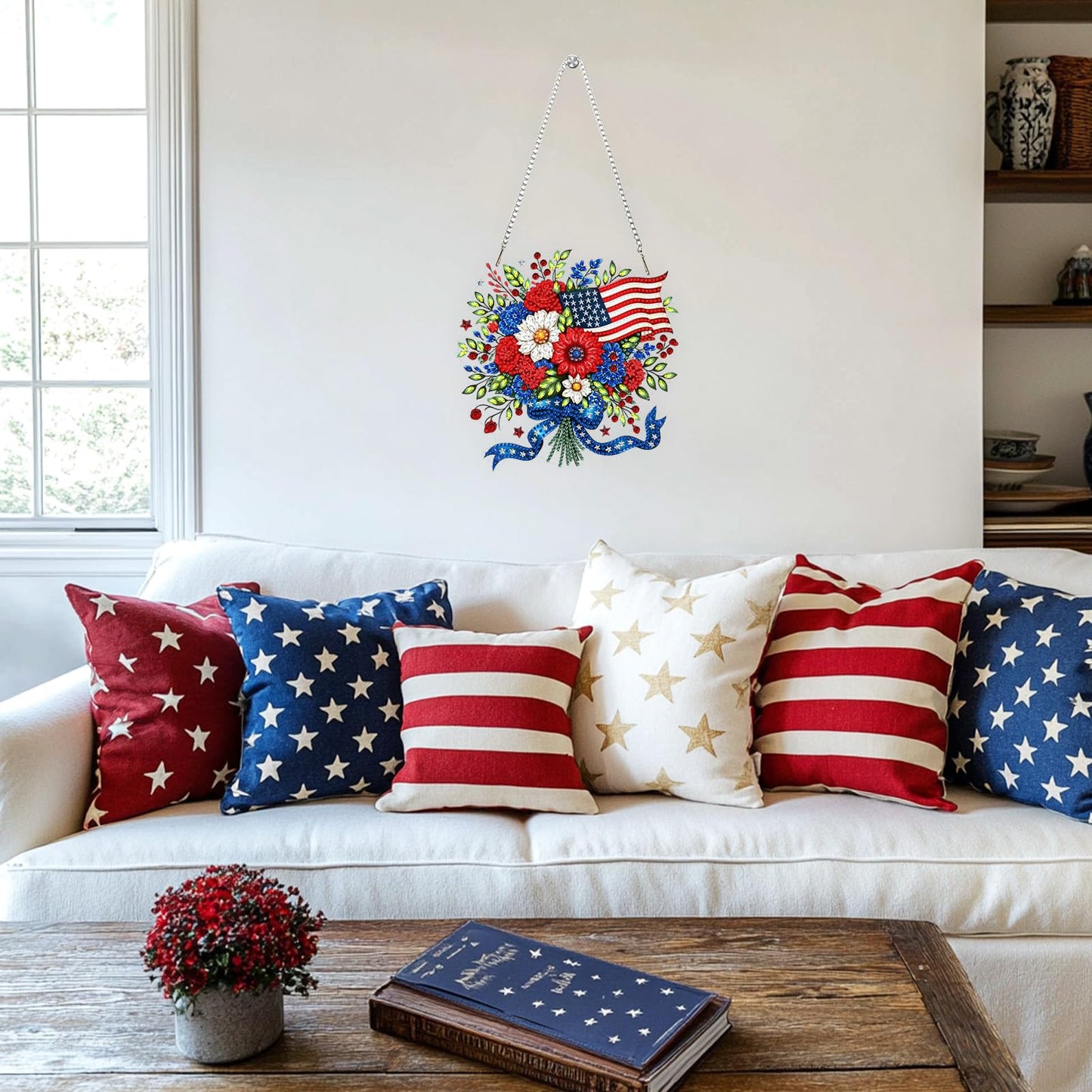 Flowers Diamond Art Hanging Kits for Adults, American Flag Diamond Painting Window Pendant Kits, DIY Acrylic Special Shaped Crystal Gem Art Painting Ornament for Home Garden Wall Hanging Decor