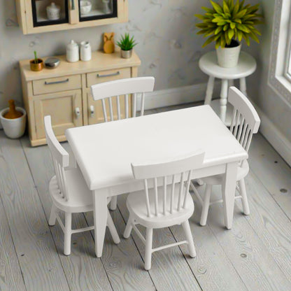 Miniature Dollhouse Dining Table and Chairs – Set 5pcs 1/12 Scale for Doll House, White Wooden Furniture Model, Mini Classic Decoration Accessories DIY Hobby Gift for Kitchen, Breakfast Room