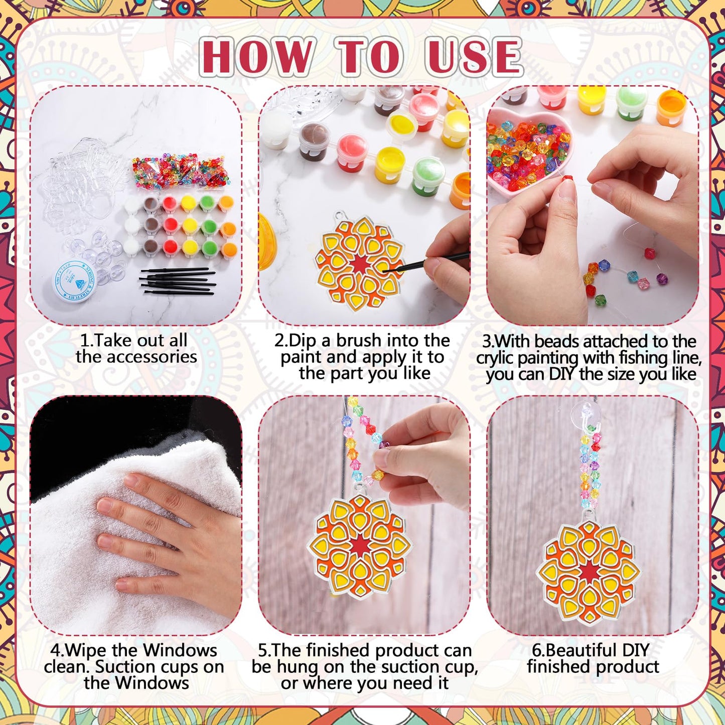 WinnerWhy 30 Sets Spring Mandala Suncatchers Crafts for Adults, Easter Holi DIY Stained Glass Art Kits Paint Your Own Window Ornaments for Mother's Day Party Birthday Activity Home Decor