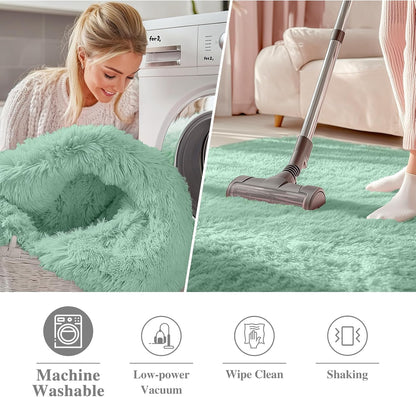 OLANLY Mint Green Round Rug - Soft, Fluffy Shaggy Carpet | 8 ft Machine Washable Area Rug for Bedroom & Living Room Decor