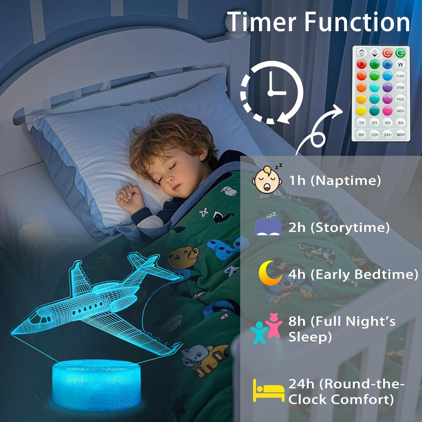 3D 16 Airplane Night Light, Plane Gifts, Aviation Illusion Night Light with Colors Changing, Remote Control with Timer