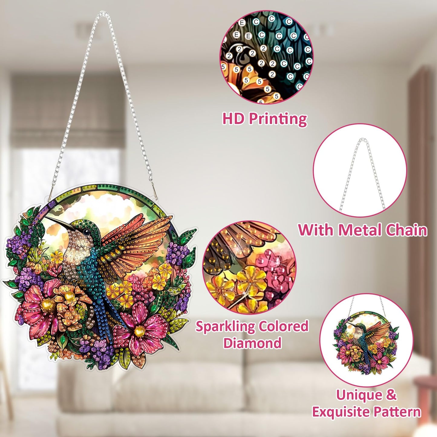 SENQAO Hummingbird Diamond Art Hanging Kits for Adults Kids, Acrylic Diamonds Painting Pendant Board Kit Flower, Diamond Art Painting Window Pendants Home Garden Wall Hanging Kits Hanging Ornament