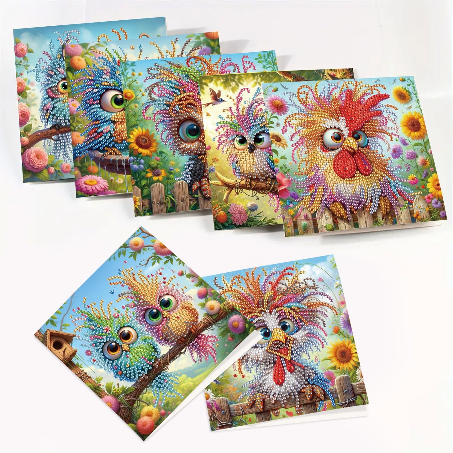 LazyFold 8Pcs DIY Diamond Art Painting Greeting Cards with Envelopes, Crazy Birds All Occasion Note Card Kit for Women, Handmade Thank You Birthday Friendship Cards Gift