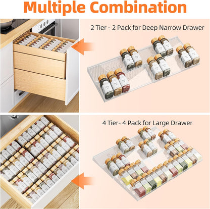 Spice Drawer Organizer, 4 Tier 4 Pack Clear Acrylic Seasoning Organizer, Expandable Kitchen Spice Rack (Jars not