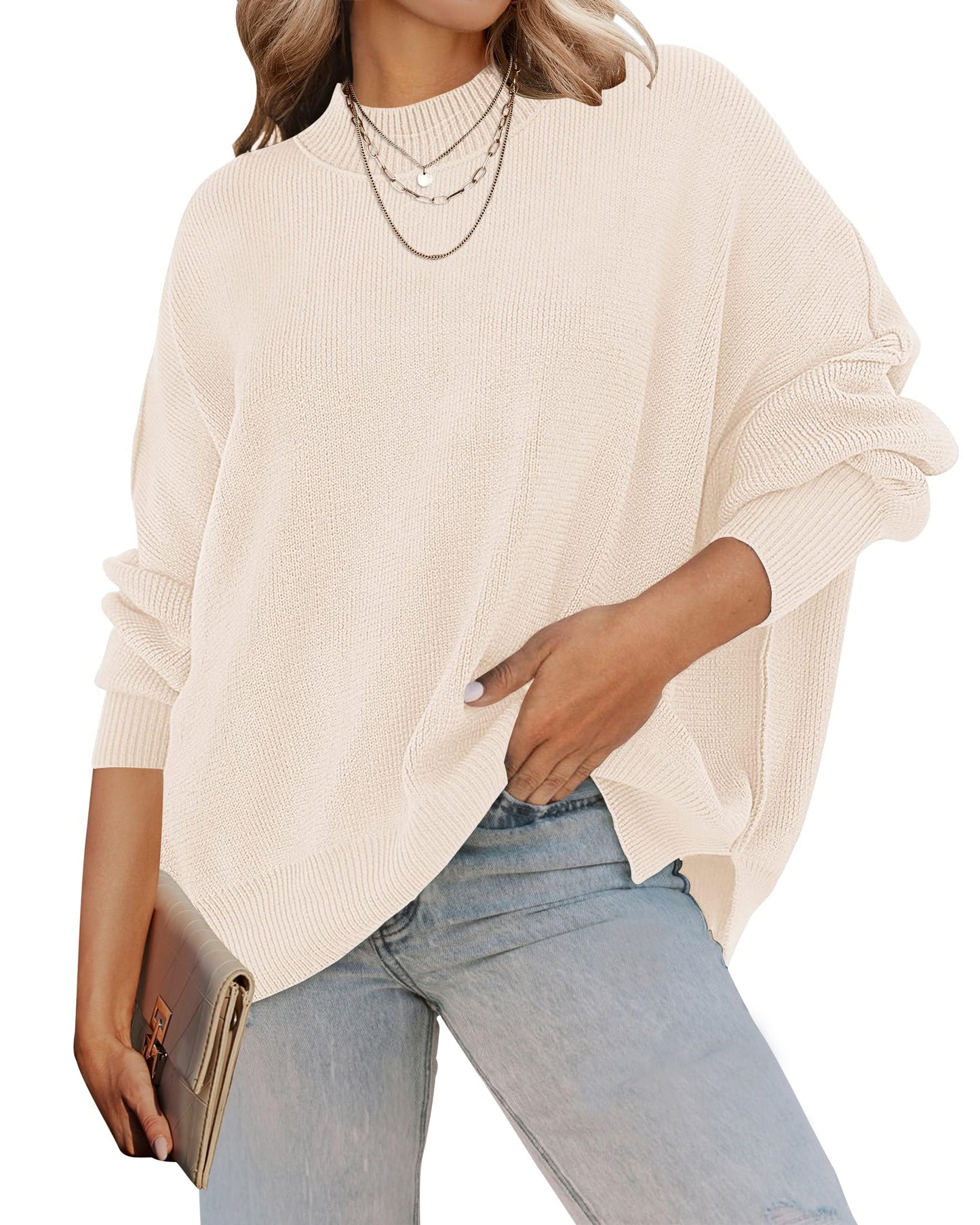 ZESICA Women's Fall 2025 Casual Long Sleeve Crew Neck Side Slit Oversized Ribbed Knit Pullover Sweater Tops