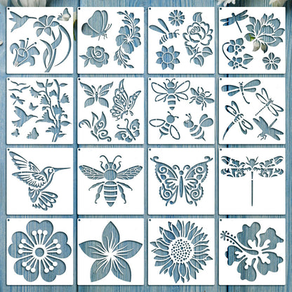 Zonon 16 Pieces Stencils for Painting, Reusable Large Butterfly Hummingbird Sunflower Stencil with Metal Open Ring, DIY Craft Templates for Spring Summer Wood Wall Canvas Home Decor(6.3 x 6.3 Inch)