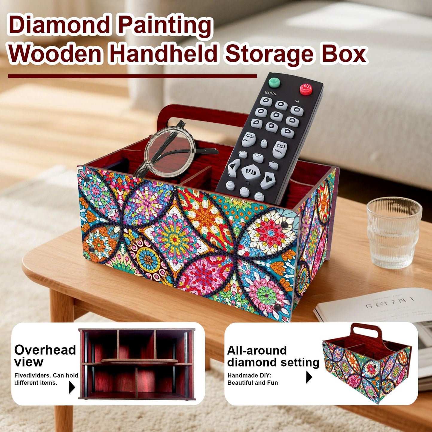 Xylzzuit Diamond Art Painting Multi-grid Storage Box with Handle Wooden DIY Assembly Tabletop Makeup Brushes Pens Desktop Craft Organizer Living Room Office Home (Mandala)