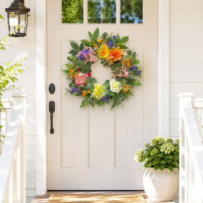 Svndlyn 22 Inch Lighted Spring Summer Floral Wreath with Faux Flowers