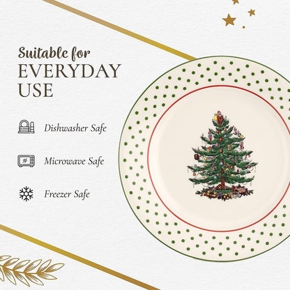 Spode Christmas Tree Polka Dot Dessert Plate (Set of 4) - Festive 8-Inch Stoneware Plates for Holiday Entertaining, Appetizers, Snacks - Microwave, Dishwasher, Freezer Safe Party Appetizer Dishes