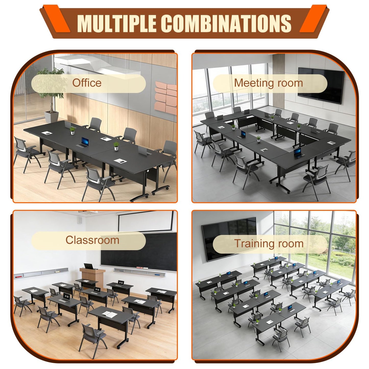 CUAOCEZ 8-Pack Modular Folding Conference Table with Wheels, 61" Flip Top Mobile Training Table, Heavy-Duty 550 lbs Capacity, Space-Saving Vertical Fold for Office Classroom & Seminar, Black