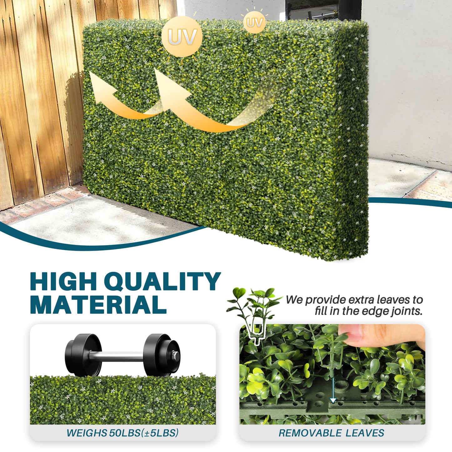 COARBOR 72" x 72" x 6" Artificial Boxwood Hedge Wall Milan with White Flowers Interior Divider Privacy Fence Faux Greenery Backdrop for Home Decor, Party Decor, Backyard Balcony Deck