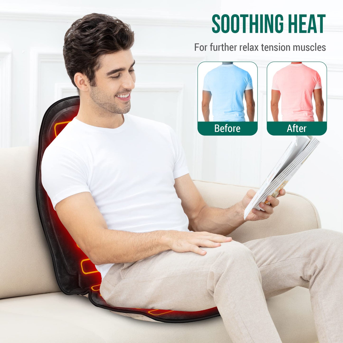 Snailax Back Massager with Heat, Memory Foam Chair Massage Pad, 5 Massage Modes & 2 Heat Settings, Seat Massager for Office Chair,Home Use