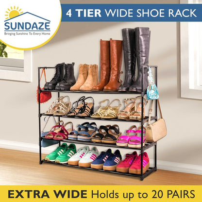 Sundaze Shoe Rack - 4 Tier Metal Shoe Rack for Front Door Entrance, Sturdy Long Shoe Organizer for Closet, Bedroom, Entryway, Garage, Black Metal Shoe Shelf, Holds Up to 20 Pairs