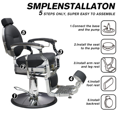 Professional Barber Chair - Hydraulic Salon & Tattoo Chair, 550lb Capacity, 360° Swivel & 160° Recline, Adjustable Headrest (Vintage Silver)