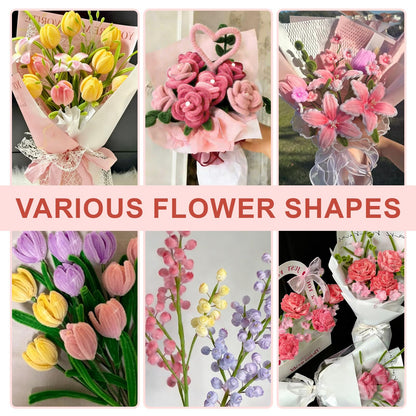 650PCS Pipe Cleaners Bulk, Pipe Cleaners Craft 7 Colors Chenille Stems Flower Kit with Floral Wires, Tape, Stamens, Wrapping Paper for DIY Bouquet & Gifts (Pink)