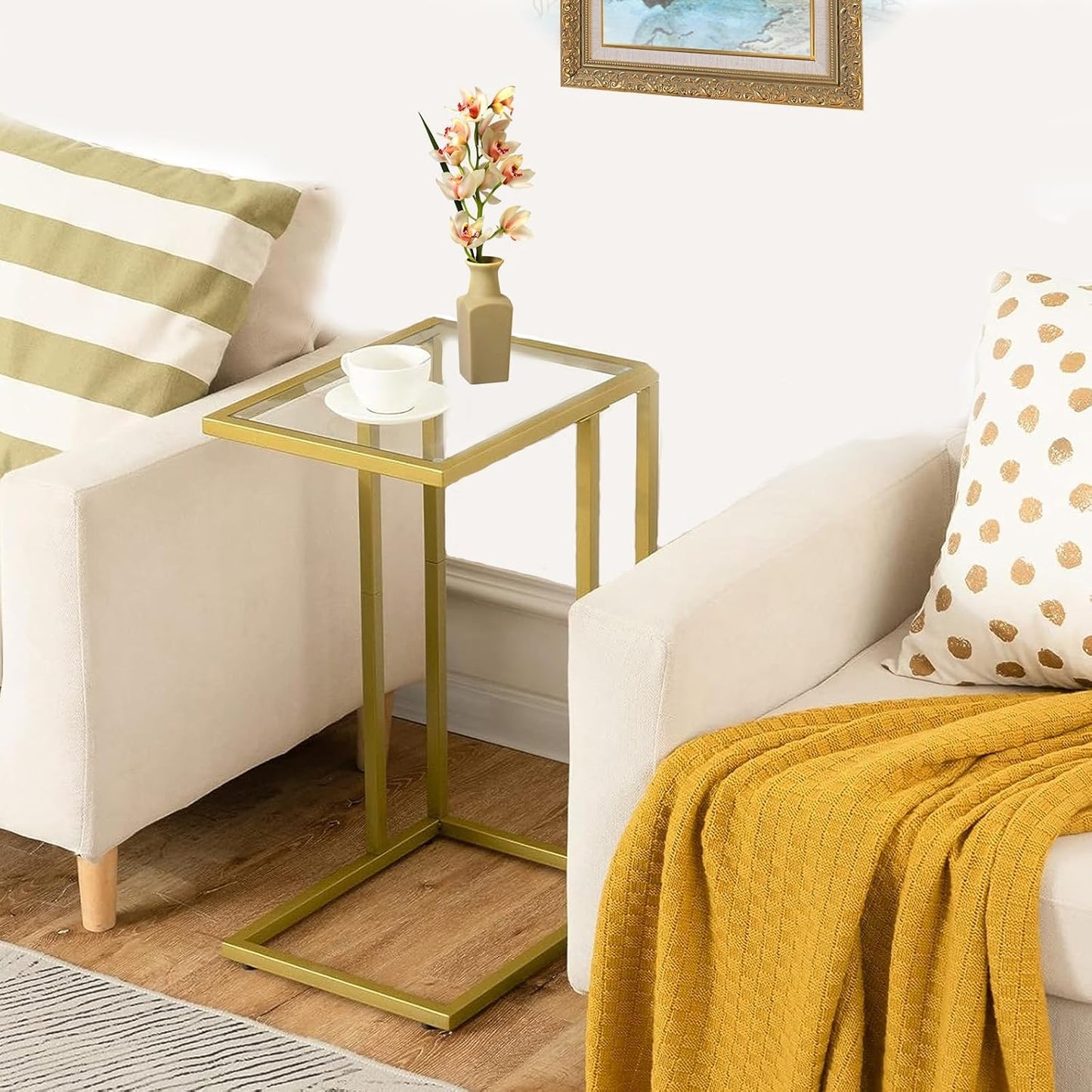 Adompacat C-Shaped End Table, Side Table for Couch,Sofa Snack Table with Tempered Glass & Metal Frame,Small TV Tray