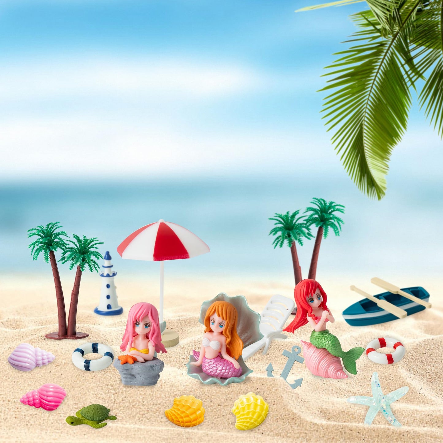 Haooryx Beach Fairy Garden Miniature Ornament Accessories - 31Pcs Summer Ocean Cake Topper Decoration DIY Resin Micro Seaside Scene Figure for Summer Beach Swimming Pool Birthday Party Favor Supplies