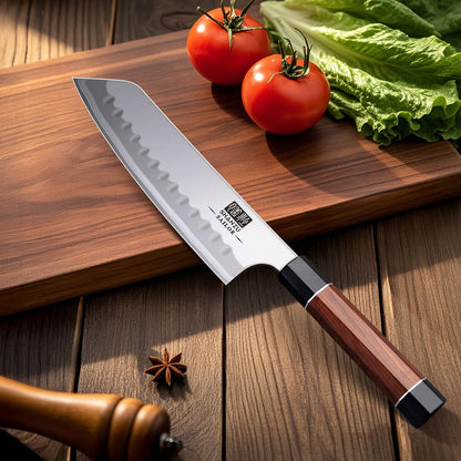 SHAN ZU 7 Inch Japanese Chef Knife, 9 Layers 10Cr15MoV High Carbon Steel Professional Kitchen Knife, Sharp Cooking Knife with Ergonomic Red Sandalwood Handle, Meat Cutting Sashimi Santoku Knife