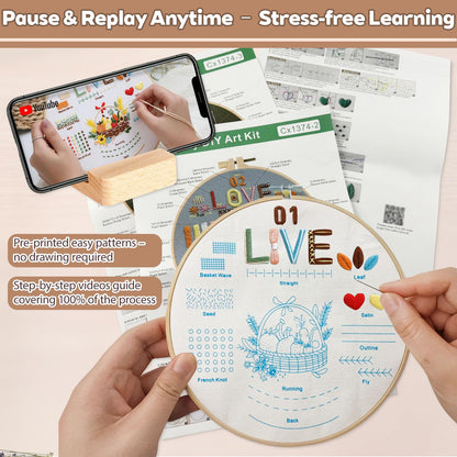 CLRDIVA Embroidery Starter Kit for Beginners: Easy DIY Needlepoint Set with Phone Stand for Step-by-Step Video Tutorials - Stress Free to Learn 29 Basic Stitches - Relaxing Crafts for Adults