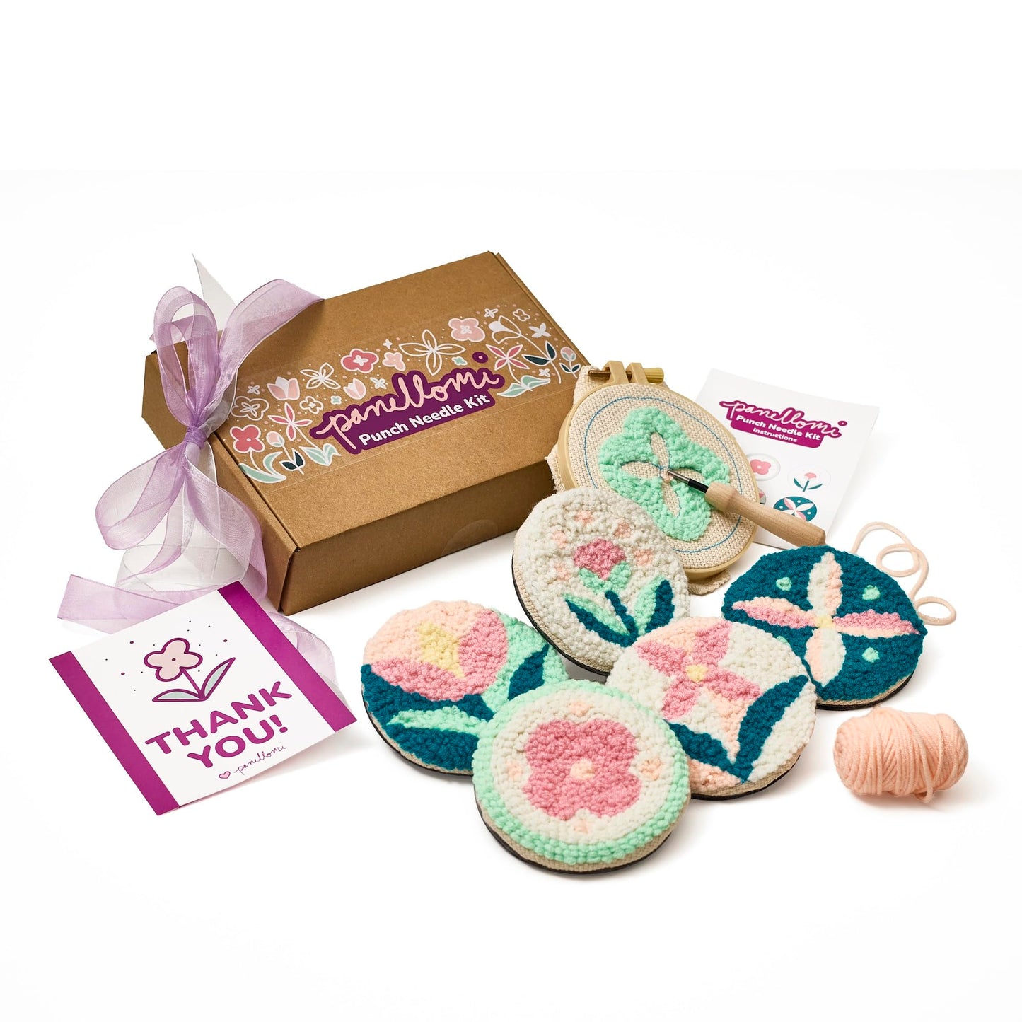 Panellomi Flower Punch Needle Kit for Beginners DIY Punchneedle Embroidery Starter Kit with Yarn, Fabric, Needle Punch Tool, Scissors, and Instructions for 6 Easy Craft Floral Design Coasters