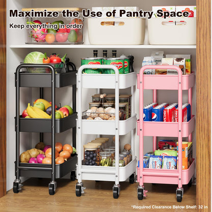 3 Tier Rolling Cart on Wheels, Metal Utility Storage Cart with Wheels, Three Tiered Craft Carts Organizer with Hanging Cups, Hooks, Mesh Basket for Bedside, Kitchen, Bathroom, Office, Art, Snack,Black