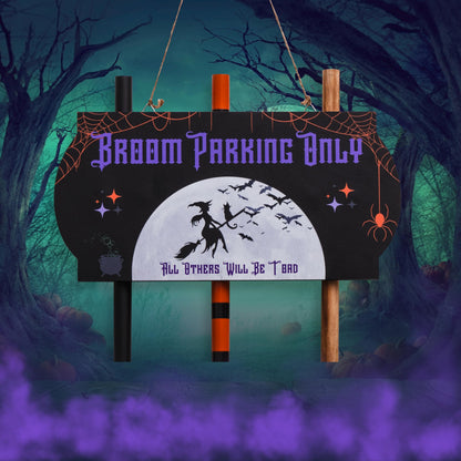 Halloween Decorations with Broom Parking Only Sign - Witch Halloween Theme - Porch Decor - Decorations with Three Witch Broomstick - Wall Decor with Lights