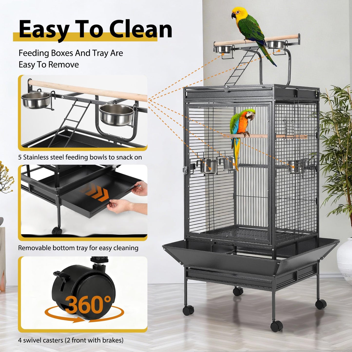 64.4" Tall Large Bird Cage, Metal Parrot Cage with Play Top, Rolling Stand & Bowls - Bird Aviary for Parrots, Conures, Cockatiels, Parakeets, Indoor Outdoor Aviary for Outside Porch Yard Garden