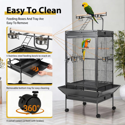 64.4" Tall Large Bird Cage, Metal Parrot Cage with Play Top, Rolling Stand & Bowls - Bird Aviary for Parrots, Conures, Cockatiels, Parakeets, Indoor Outdoor Aviary for Outside Porch Yard Garden