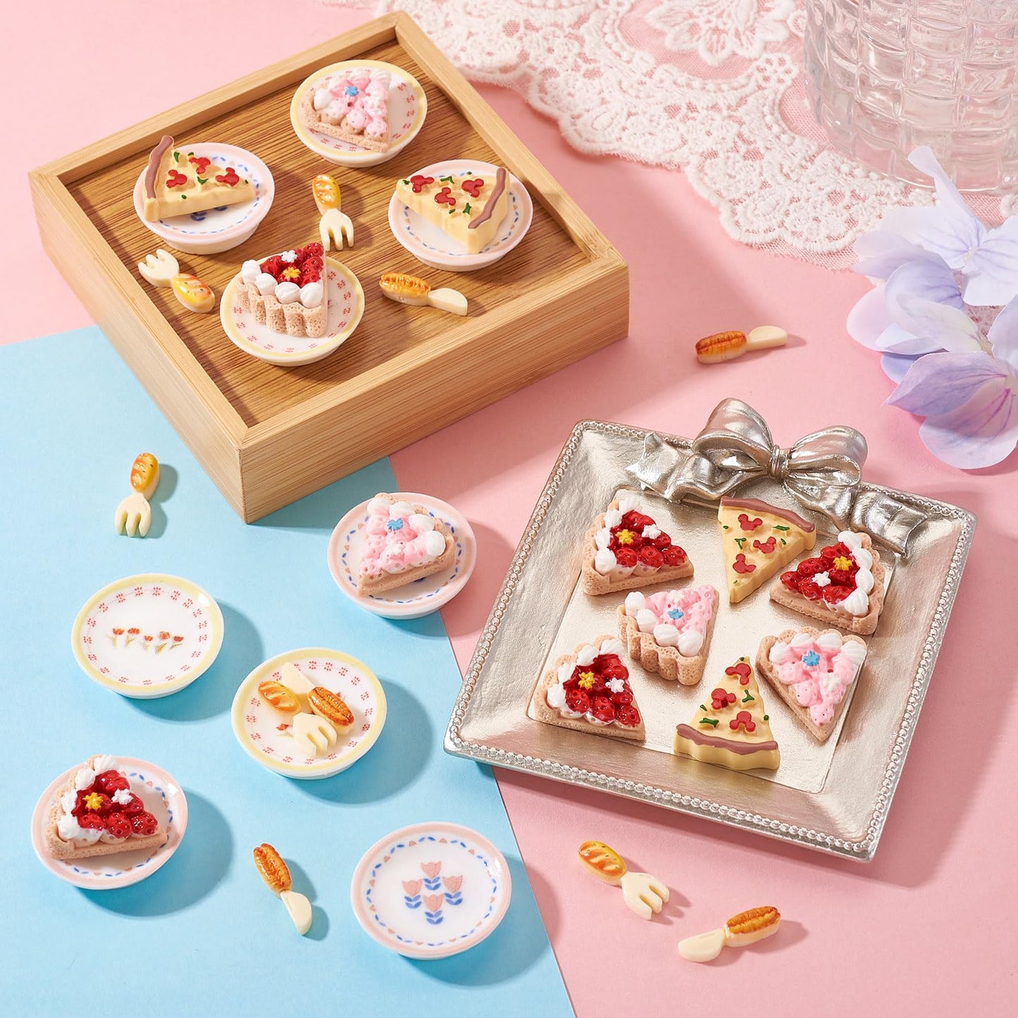 FASHEWELRY 42Pcs Cake Tableware Dollhouse Miniature Accessories Kitchen Tableware Display Ornament Resin Imitation Food Dessert Plate Fork Knife Cabochons for Garden Home Party Landscape Decoration