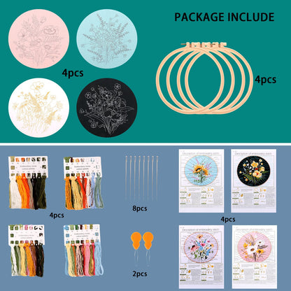 4 Sets Cross Stitch Embroidery Kits for Beginners Adults, Flower Stamped Pre Printed Cross Stitch Kits, Full Range of Embroidery Starter Kit with Instructions, 4PCS Embroidery Hoops, Threads and Tools