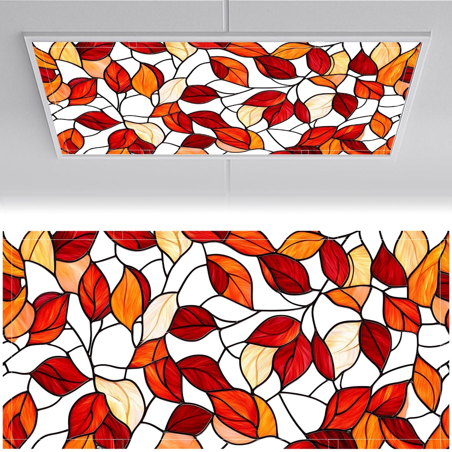 Fluorescent Light Covers for Ceiling Lights-Magnetic,2pcs,Geometric & Stained Glass Designs for Ceiling Lights 2ft x 4ft-For Classroom, Office，Home (Stained Glass Leaves, 48"L x 24"W-2pcs)