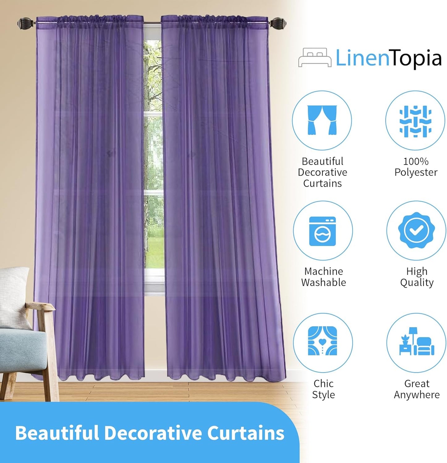 LinenTopia Window Sheer Curtains, 2 Panels, 54" x 84", Light Filtering Drapes for Living Room, Bedroom, Kitchen, Purple