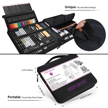 HIFORNY 126 PCS Drawing Kit Sketching Pencil Set,Sketch Pencils Art Supplies with 3-Color Sketchbook,Graphite,Charcoal,Blending Tools,Drawing Pencils for Adults Artists in Zipper Case