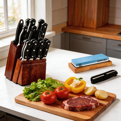 Knife Sharpening Stone 400/1000 Grit, Whetstone 2-in-1 Professional Sharpening Stones for Knives, Sharpener Stone with Non-Slip Bamboo Base, Kitchen Knife Sharpener for Straight & Serrated Edges