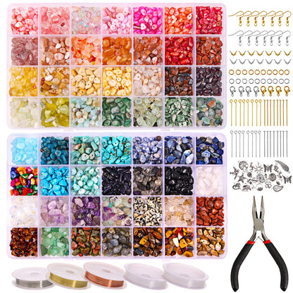 QUEFE Jewelry Making Supplies Kit 1800pcs 56 Colors Crystal Beads, Bracelet Making Kit Gemstone Chip Beads Irregular Natural Stone Jewelry Pliers, Beading Wire, Earring Hooks, Rings for DIY Crafter