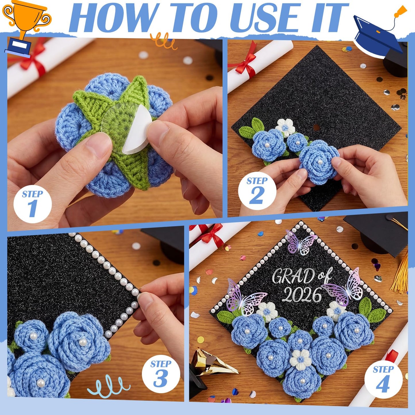 Gersoniel 30 Pcs Crochet Flower Graduation Cap Decoration Kit, Artificial Crochet Rose with Glitter Construction Paper Faux Daisy Pearl Letter Sticker for Grad Hat Topper Cover Craft Gift(Blue)
