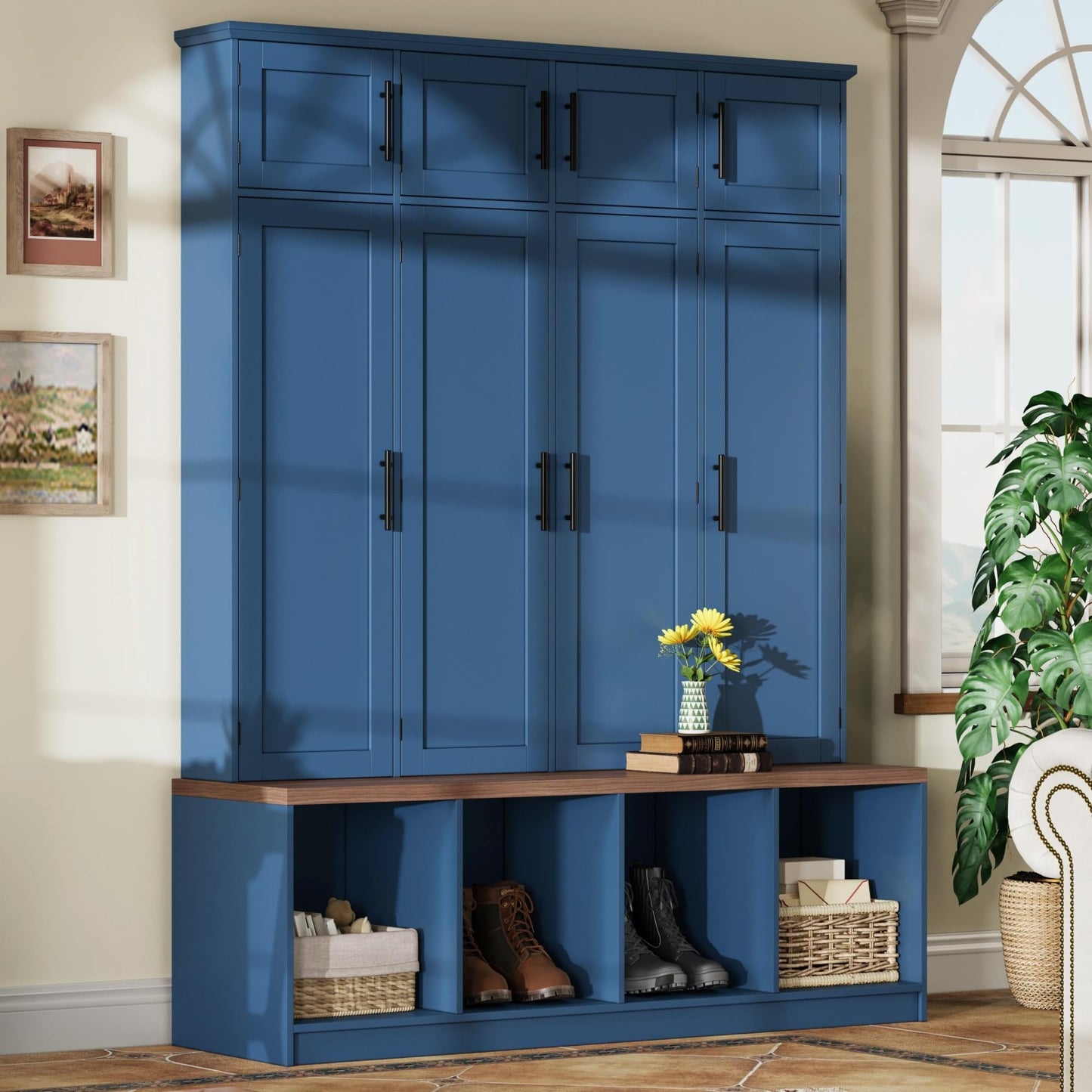 Hall Tree with Bench and Shoe Storage Compartments for Entryway, Particle Board Multi-Functional Cabinet with 4 Hanging Hooks, Blue