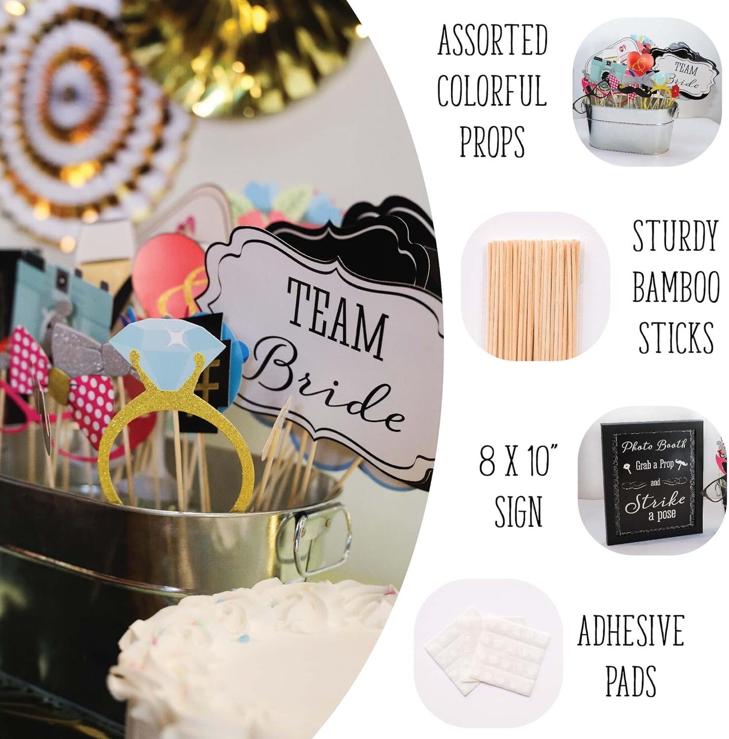 Wedding Photo Booth Props, 8 x 10-Inch Sign, 45 Adhesive Pads, 35 Wooden Sticks for Wedding Backdrop