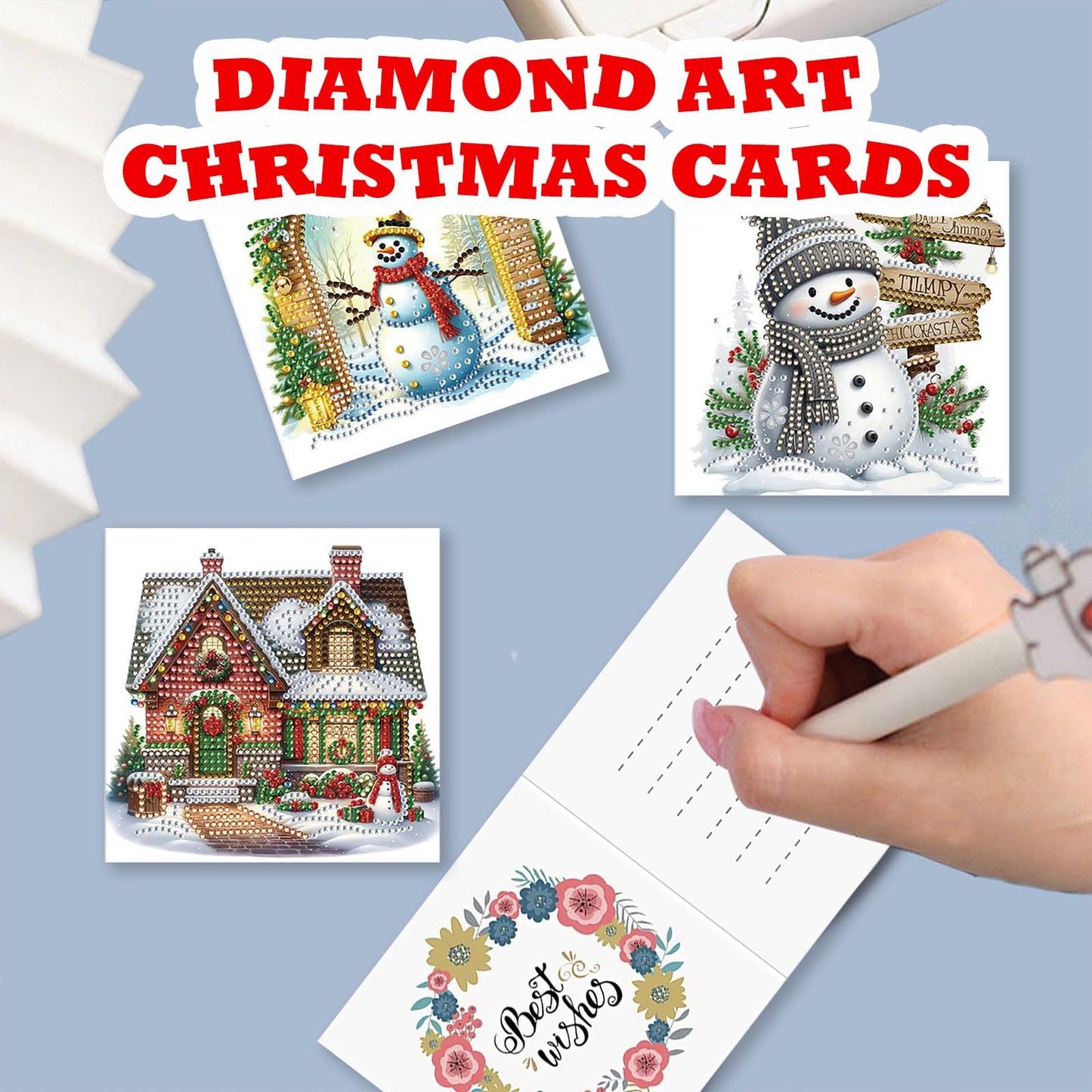 YOKUSHI 12 PCS Diamond Art Painting Christmas Greeting Cards with Envelopes, Snowman Craft DIY Card Making Kits for Adults Gifts (White)