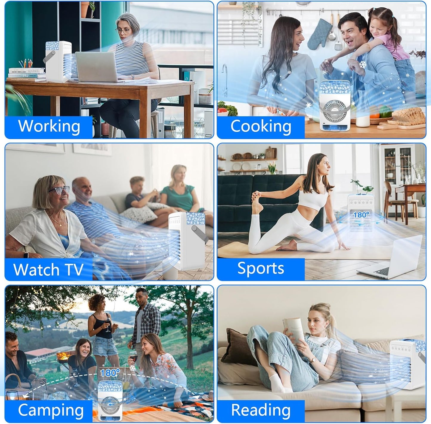 Portable Air Conditioners, 180° Oscillation Mini AC, 4 Wind Speed, Built-in Ambient Light, Large Water Tank for
