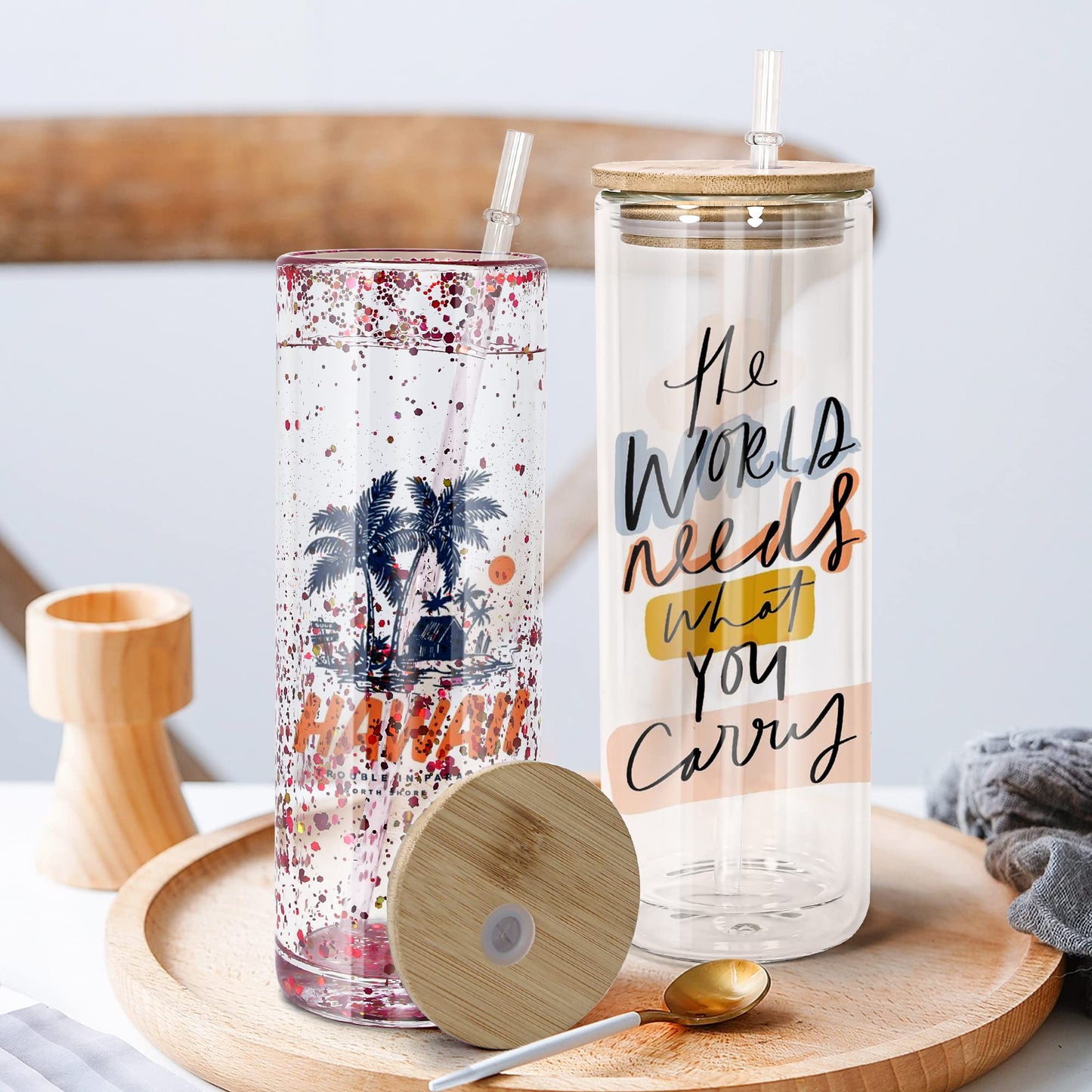 AGH 25OZ Snow Globe Glass Tumbler,4 Pack Sublimation Glass with Bamboo Lids and Straws, Double Wall Sublimation Beer Can Glasses Can Shaped Tumblers with Pre Drilled Hole for DIY