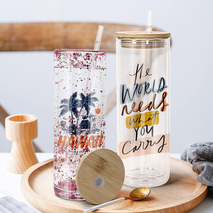 AGH 25OZ Snow Globe Glass Tumbler,4 Pack Sublimation Glass with Bamboo Lids and Straws, Double Wall Sublimation Beer Can Glasses Can Shaped Tumblers with Pre Drilled Hole for DIY